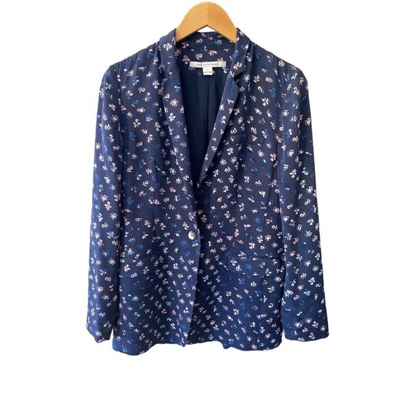 Diane Von Furstenberg Vinley Silk Blazer‎ Navy/Pink Floral Print Womens Size 6 - Picture 1 of 6